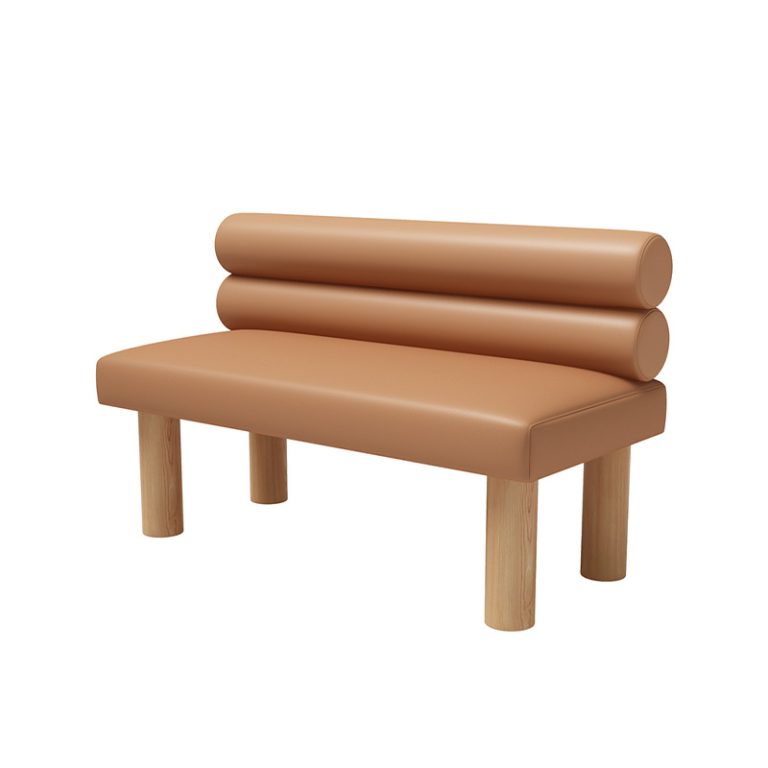 orange cushioned booth with wooden frame