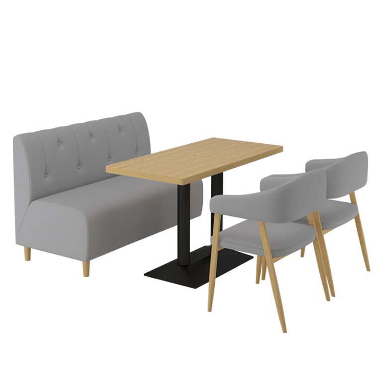 Modern restaurant furniture set featuring a gray fabric sofa seat, two wooden armchairs, and a wooden dining table, ideal for restaurants or cafes