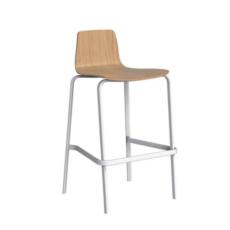 Wooden seat bar stool with a white metal frame, minimalist style.