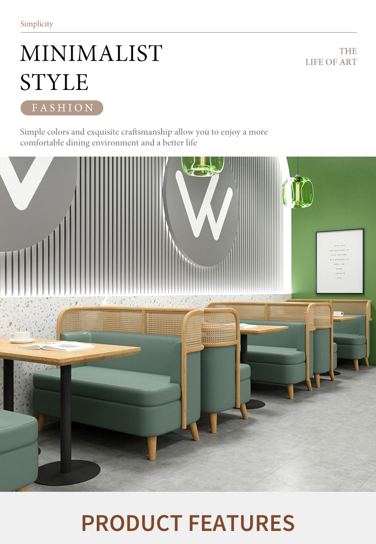 Minimalist style green upholstered seating with rattan accents in a modern cafe setting, designed for comfort and elegance