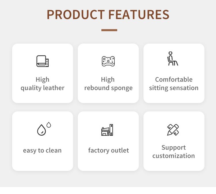 Product features include high quality leather, high rebound sponge, comfortable sitting sensation, easy to clean, factory outlet, and support for customization