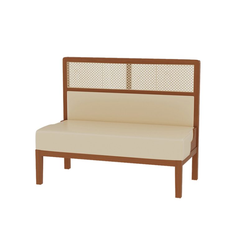 Modern booth seating with a durable wooden frame, comfortable beige cushions, and a stylish rattan backrest, ideal for cafes and restaurants.
