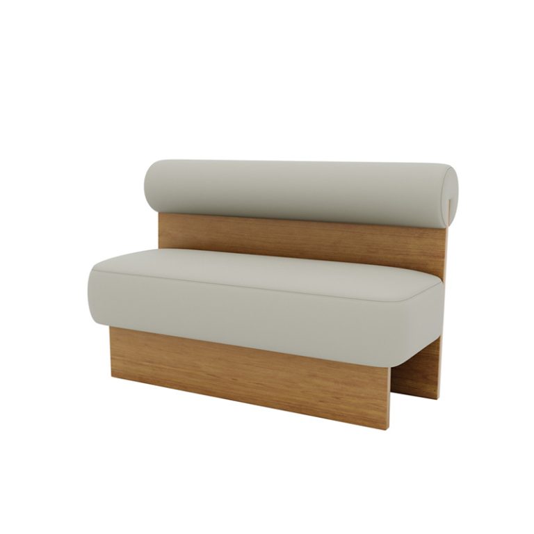 Modern wooden sofa bench with cushioned back and seat, ideal for cafes, restaurants, and lounge spaces.