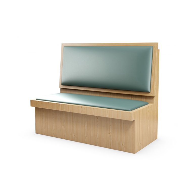 A modern bench featuring a wooden frame with a sleek green upholstered backrest and seat, designed for comfort and style.