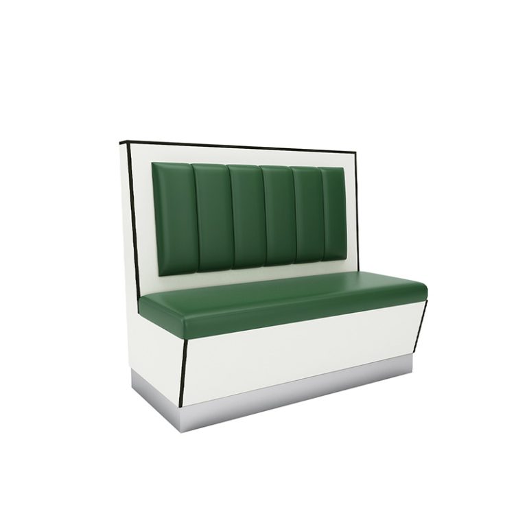 Green vinyl diner booth seating with vertical channel tufting and white trim, ideal for restaurant or cafe interior design