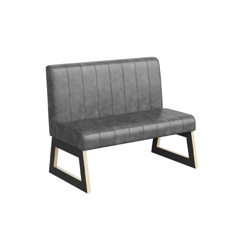 Modern gray restaurant booth with leather upholstery and geometric wooden legs