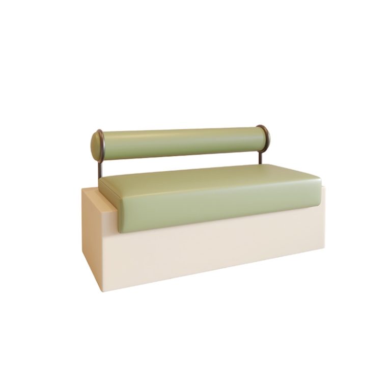 Minimalist booth seating with green upholstered cushions and cylindrical backrest"