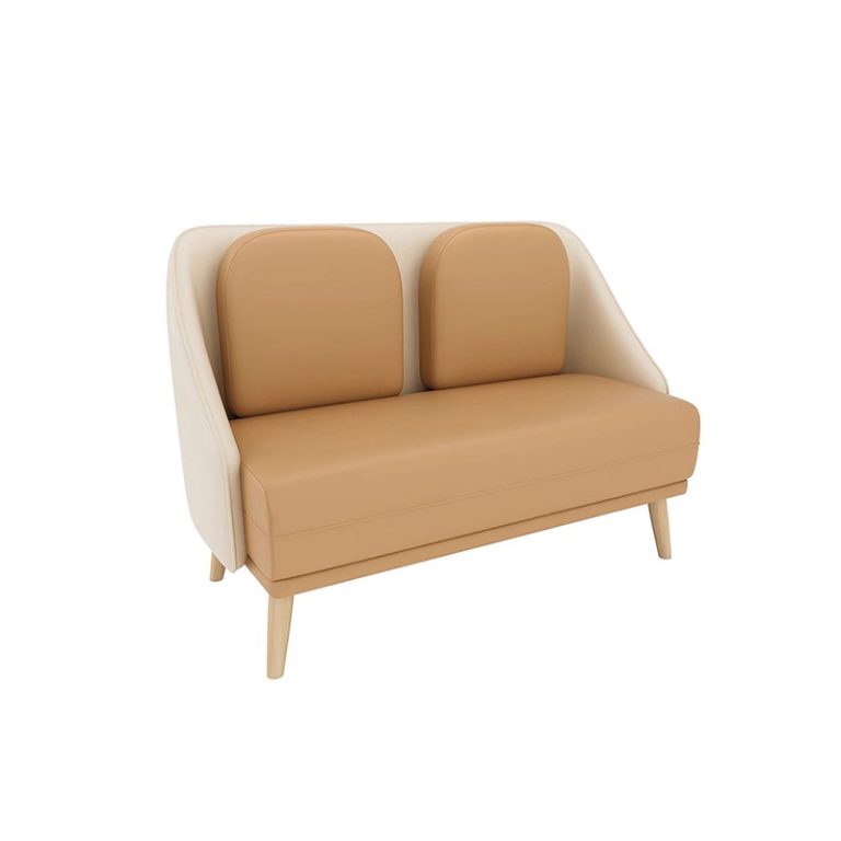 Modern two-seater sofa with orange cushions and wooden legs