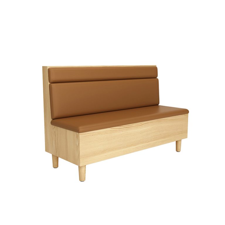 Modern dining booth seating with leather cushions and solid wooden legs