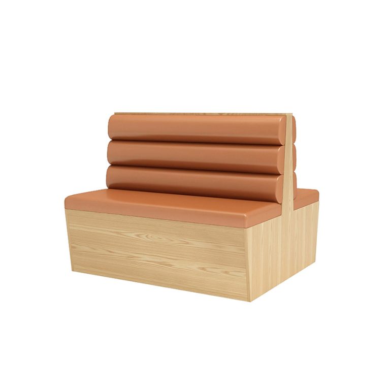 Double-sided booth seating with ribbed orange leather backrest and wooden base
