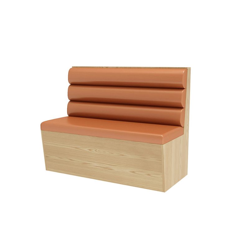 Straight wooden booth seating with ribbed orange leather cushions for restaurants