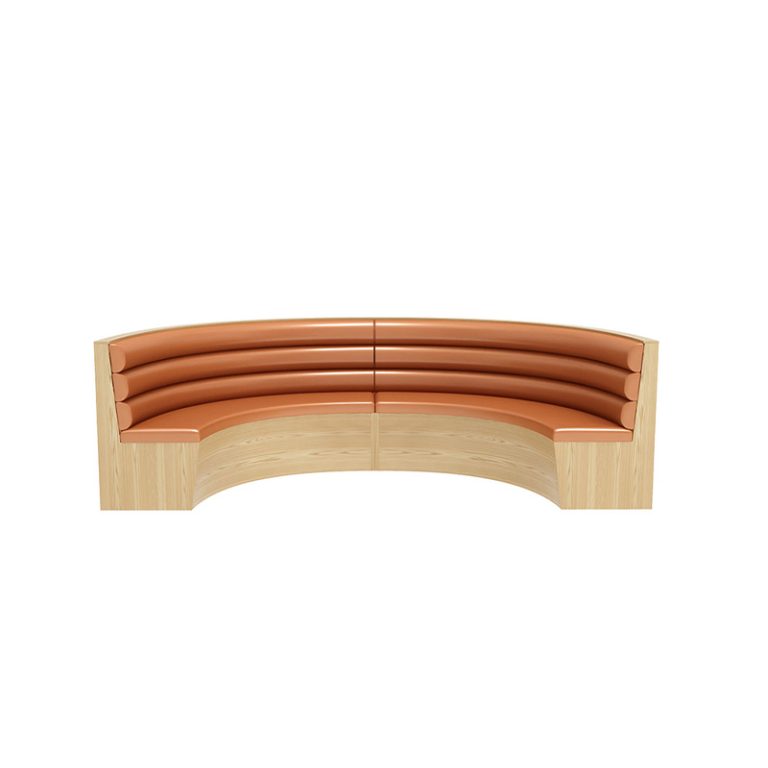 Contemporary restaurant furniture featuring curved wooden benches and orange cushionsContemporary restaurant furniture featuring curved wooden benches and orange cushions