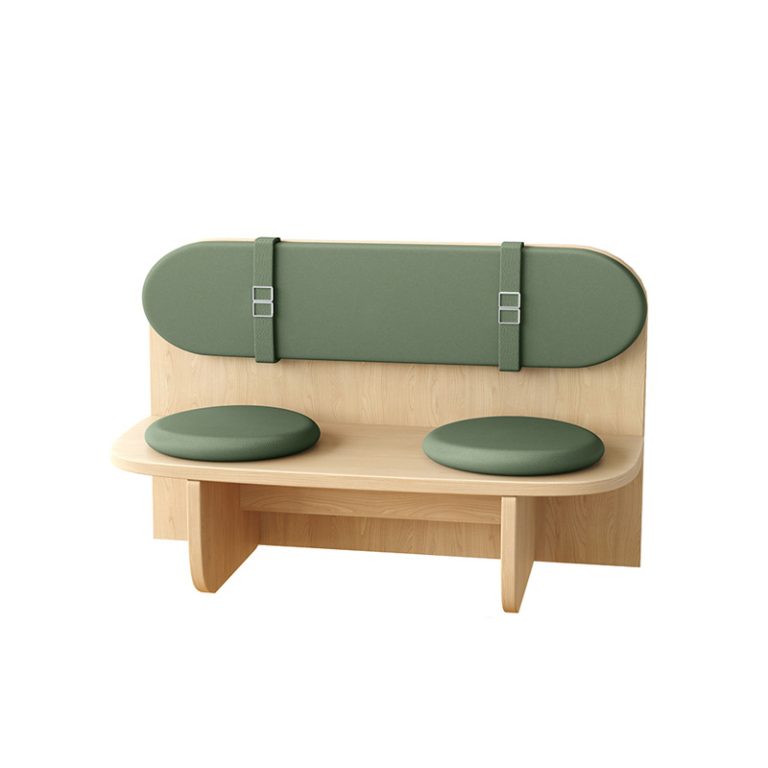 Wooden dining bench with green cushioned backrest and round seats