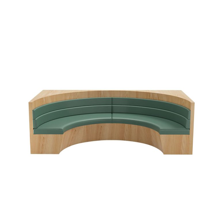 Curved wooden booth seating with green upholstered cushions designed for modern restaurant interiors.