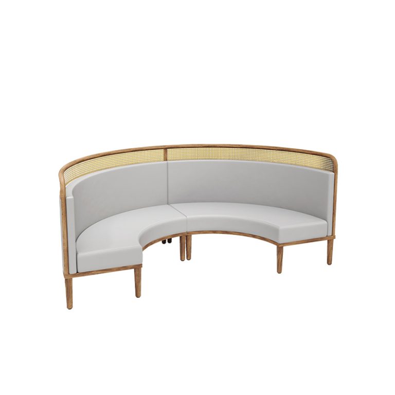 Curved gray restaurant booth with a rattan backrest and wooden frame, ideal for contemporary interiors