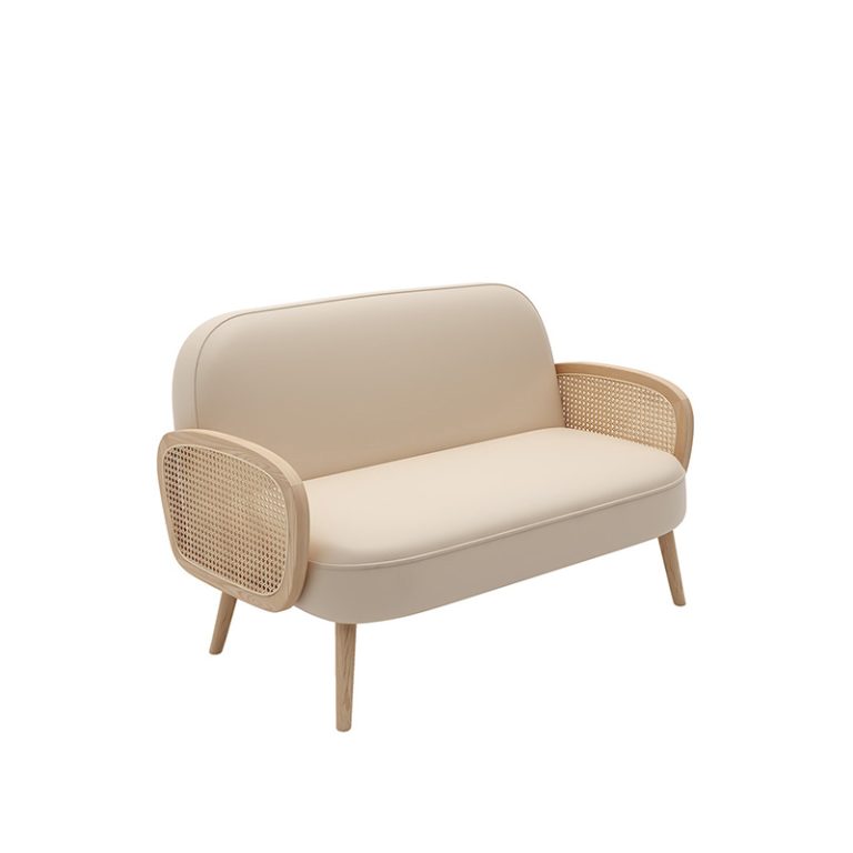 Cream-colored minimalist two-seater sofa with rattan armrests and a sleek wooden frame, ideal for modern interiors or commercial spaces