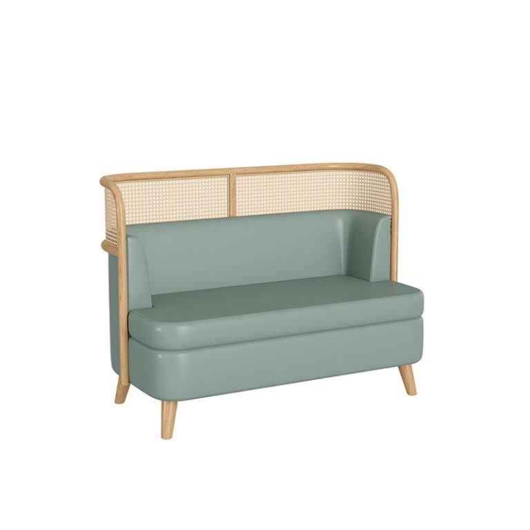 Green upholstered bench with rattan backrest and wooden legs, designed for modern cafe and restaurant seating.