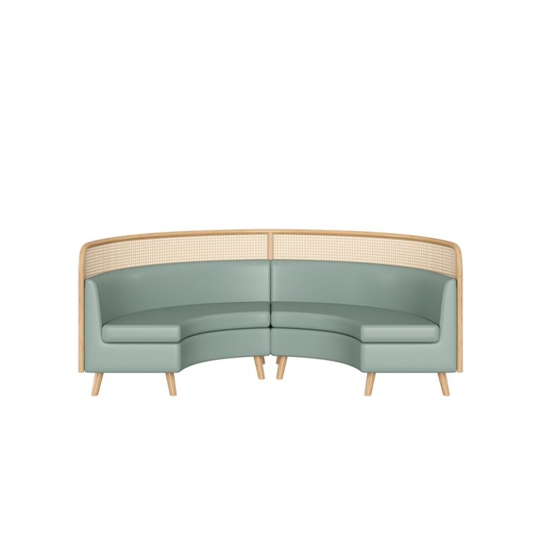 Modern semi-circular booth seating with green cushions, a rattan backrest, and wooden legs, designed for stylish and comfortable dining spaces