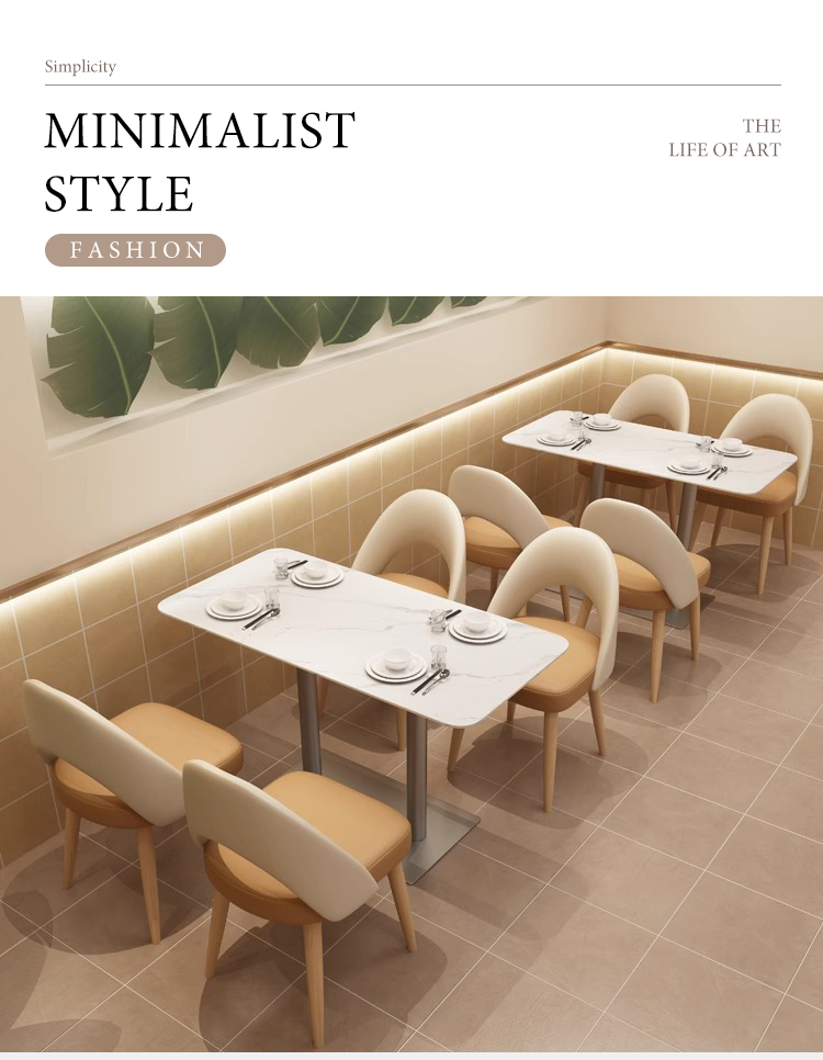 A minimalist dining setup featuring white marble-top tables paired with cushioned chairs in neutral tones. 