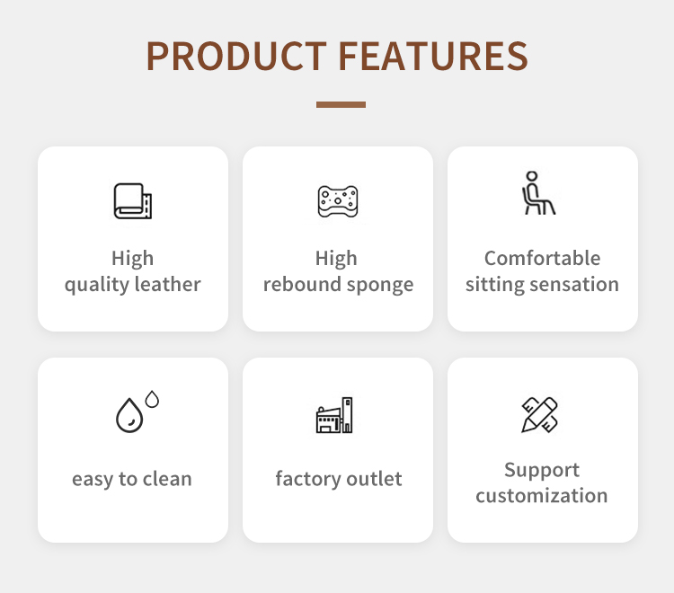 Key product features include high-quality leather, high-rebound sponge for comfort, a comfortable sitting sensation, easy-to-clean surfaces, factory outlet production, and support for customization, catering to various needs and preferences.