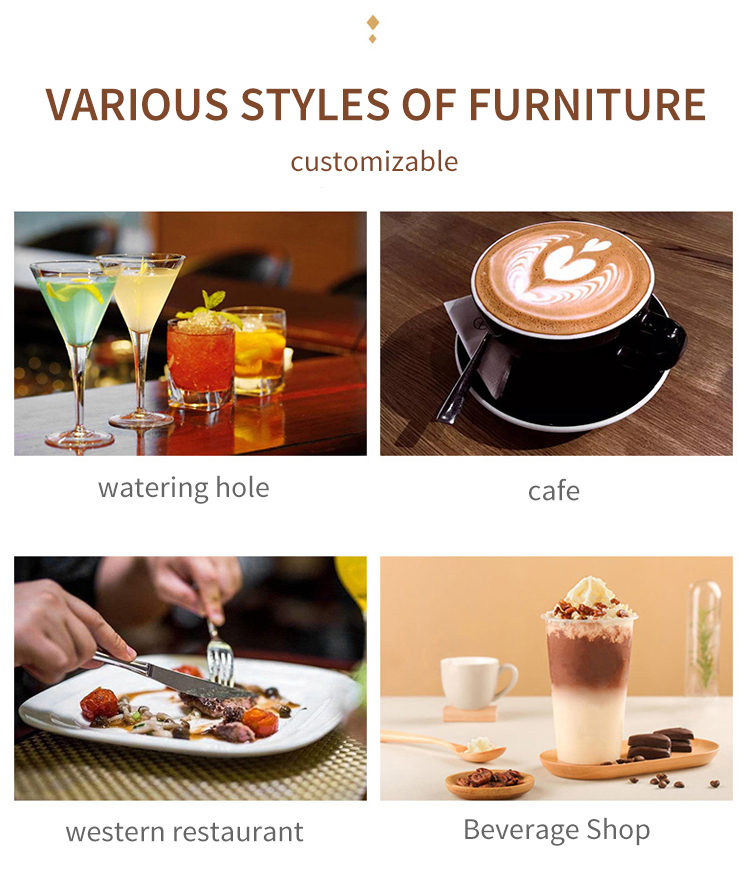 Various furniture styles for cafes, western restaurants, beverage shops, and watering holes, showcasing customizable options to enhance dining spaces.