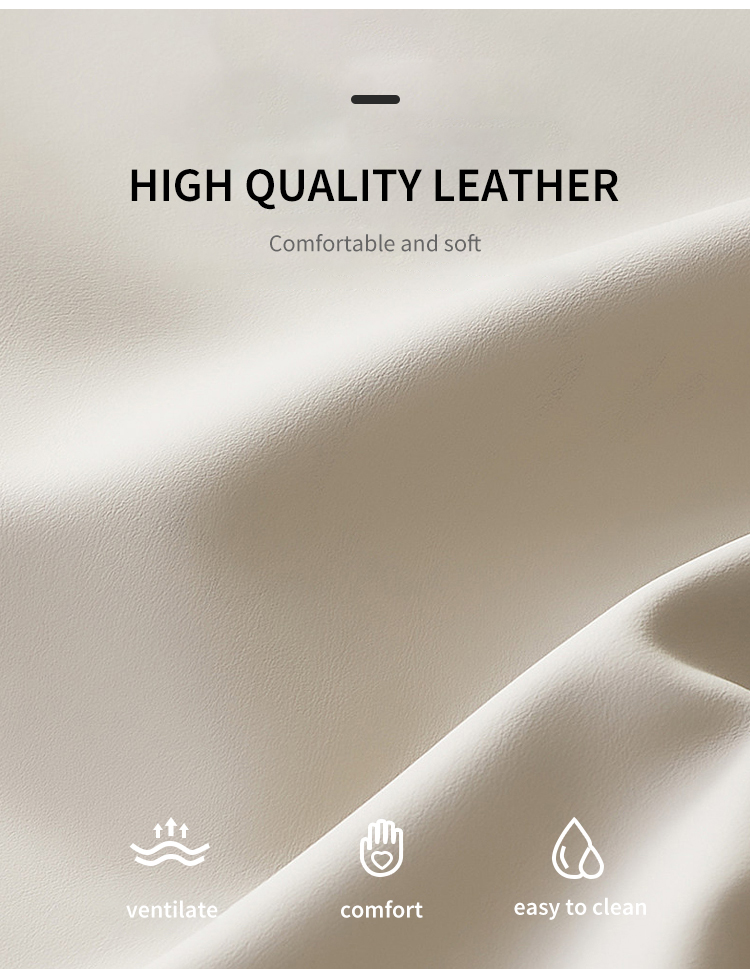 A close-up view of high-quality, soft leather fabric in a light cream color. The texture is smooth and breathable, with key features highlighted: ventilation, comfort, and easy-to-clean properties.
