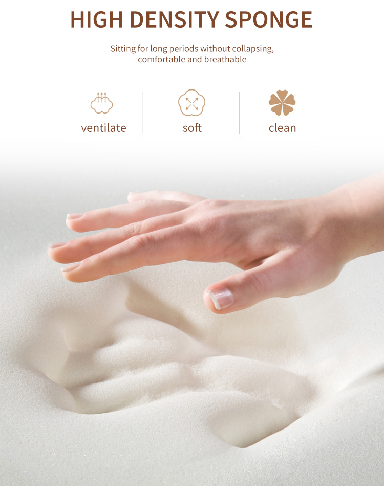 Close-up of a hand pressing into high-density sponge material, showcasing its softness, breathability, and resilience, ideal for long-term seating comfort.