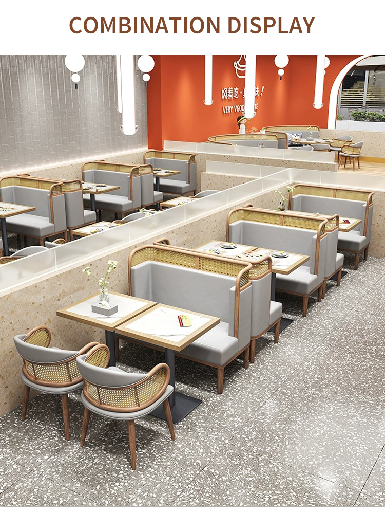 Combination display of restaurant seating arrangements featuring rattan chairs, marble-top tables, and booth seating in a modern interior setting