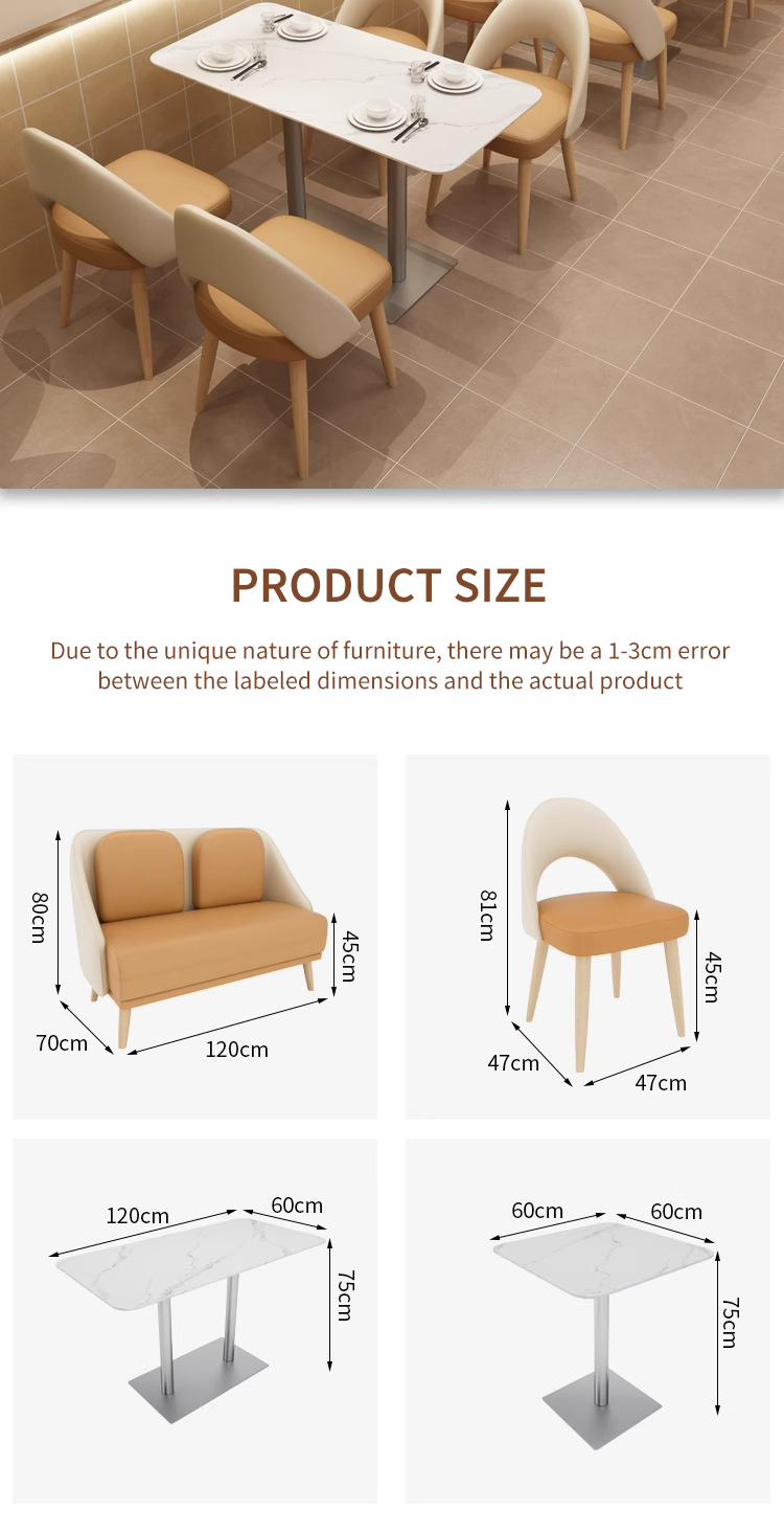 A detailed guide to furniture dimensions, including a booth , a dining chair , a rectangular marble-top table , and a square marble-top table