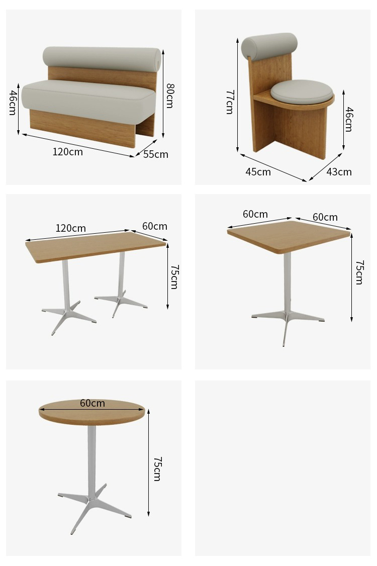 Detailed dimensions of cafe furniture, including a wooden sofa (120cm x 55cm x 80cm), a chair (45cm x 43cm x 77cm), rectangular table (120cm x 60cm x 75cm), square table (60cm x 60cm x 75cm), and round table (60cm diameter x 75cm height)."