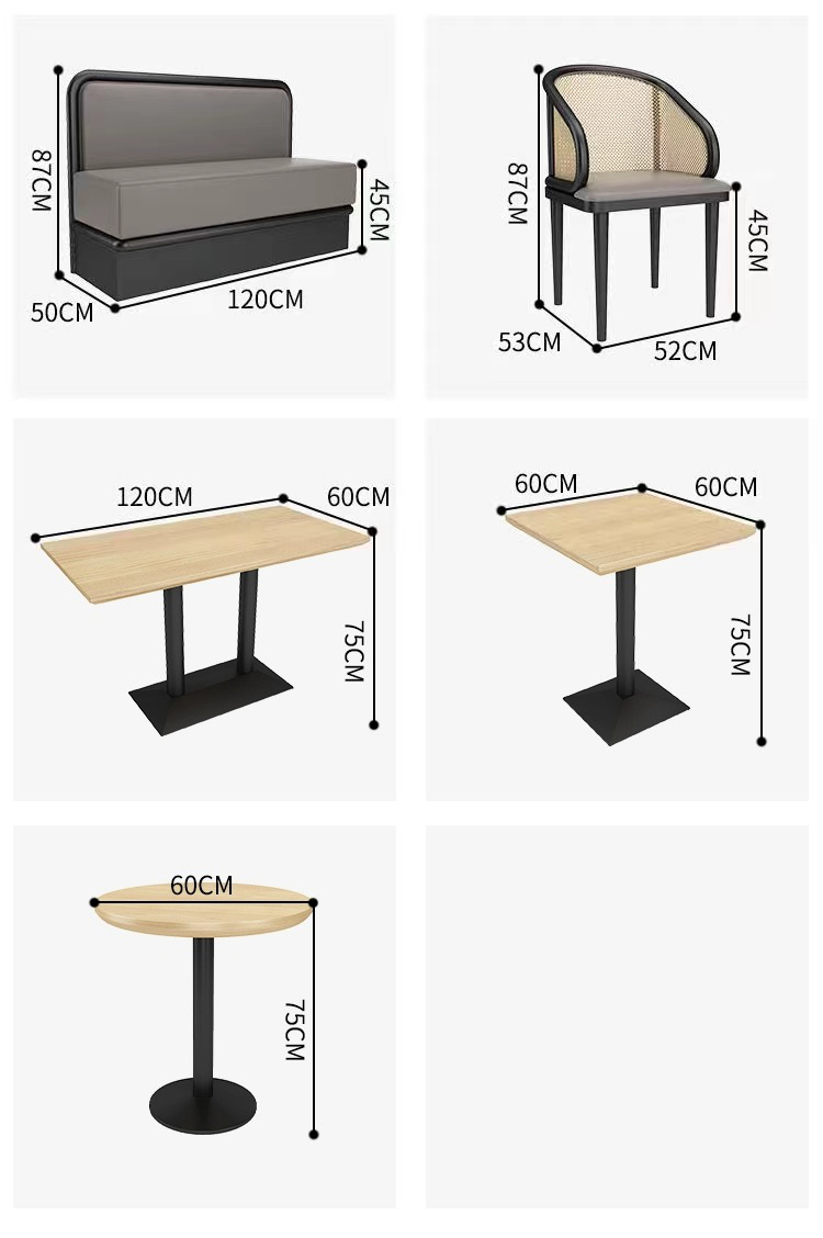 Illustration showcasing the dimensions of various furniture pieces, including a 120cm bench, a 53cm wide chair, rectangular tables (120x60cm), square tables (60x60cm), and round tables (60cm diameter), all with 75cm height.