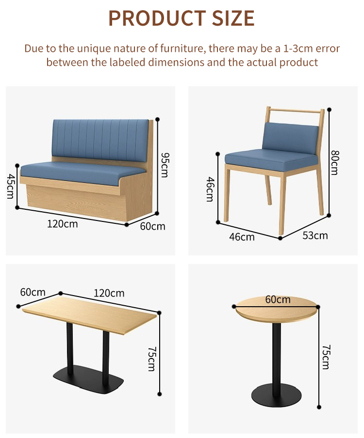 Detailed dimensions for furniture items, including a booth, chair, rectangular table, and round table. Designed for versatile dining spaces with precision sizing.