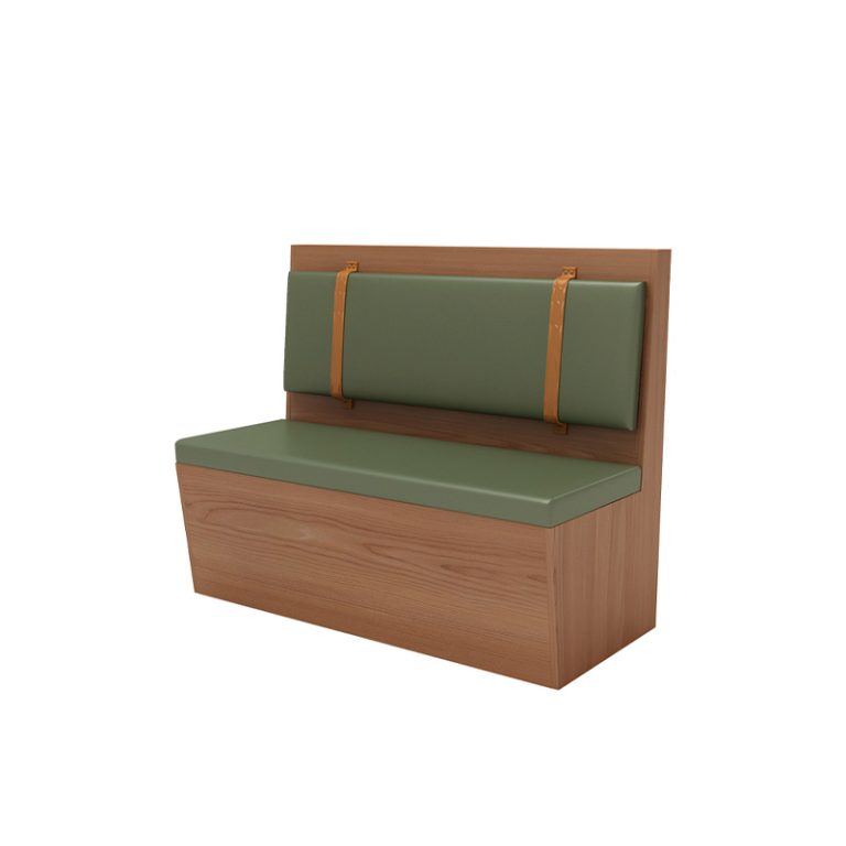 Modern green leather booth seating with a sturdy wooden frame and stylish backrest straps. Durable, comfortable, and ideal for restaurants or cafés.