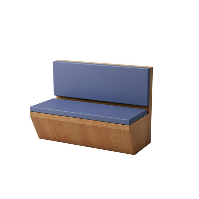 Elegant blue cushioned booth with wooden base, perfect for dining areas and cafés
