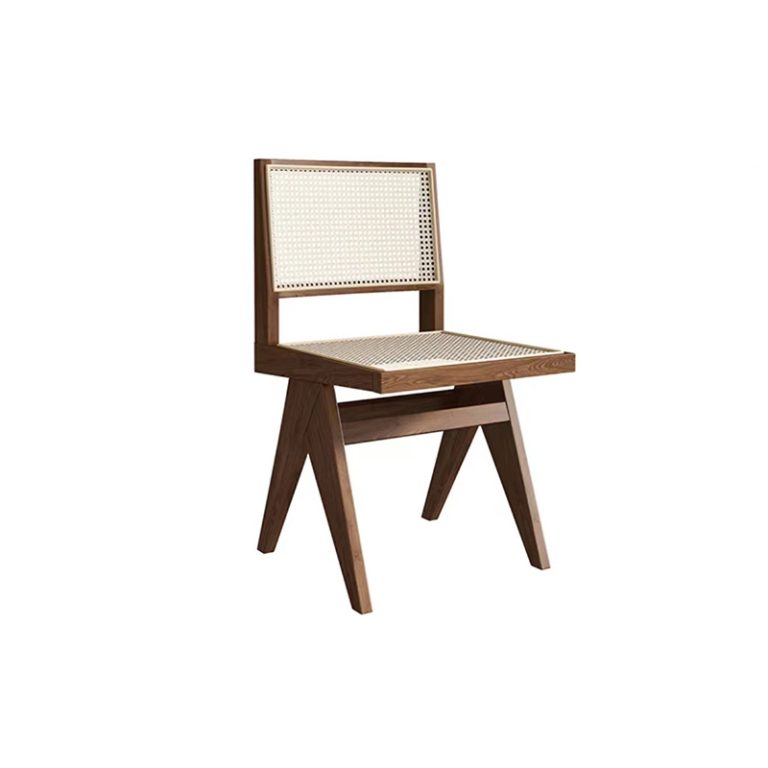 Modern wooden dining chair with woven rattan backrest and seat, perfect for restaurants