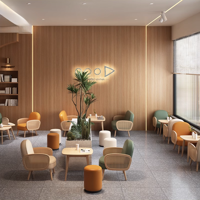 Comfortable Modern Cafe Seating with Rattan Chairs and Coffee Tables