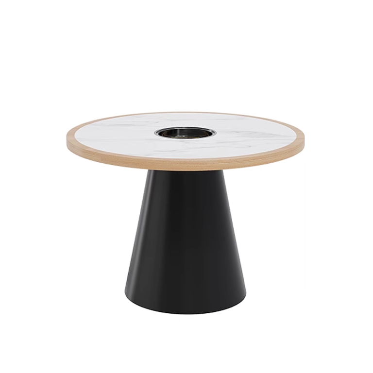 Contemporary round table with a marble top, wooden edges, and a central hole for a cone-shaped black metal base, perfect for modern spaces.
