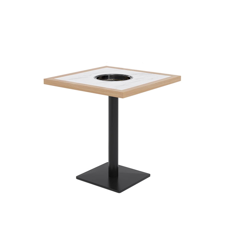 Modern square table with a marble top, wooden edges, and a central hole for a single metal leg, featuring a black metal base.