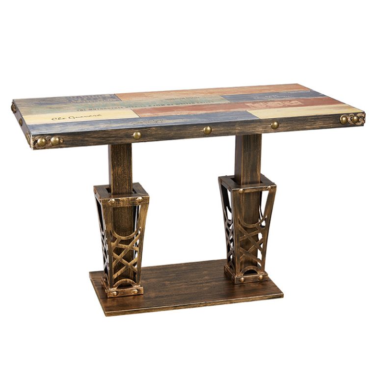 Vintage wooden dining table with multicolored top and bronze decorative legs, featuring an antique design ideal for retro or rustic dining rooms.