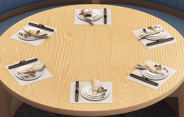 Round wooden table with black stand and dual legs, ideal for dining or workspaces.