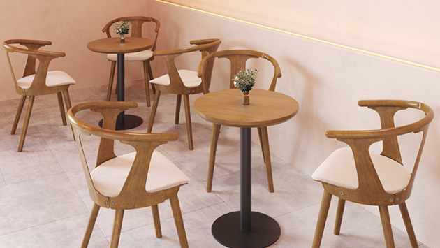 A small round wooden table with a 60cm diameter, black metal base, and a modern minimalist design suitable for cafes and home use.