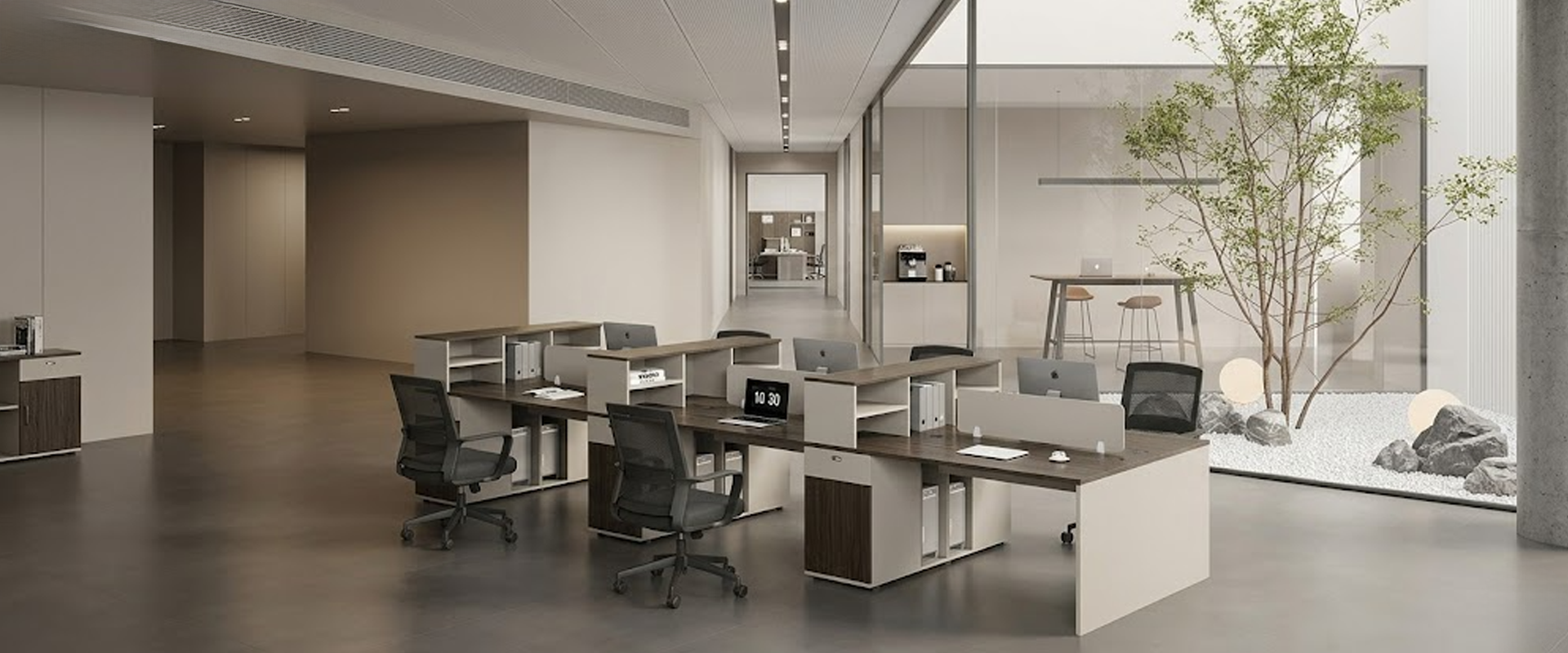 Modern open-plan office interior featuring a long wooden conference table with colorful chairs, a modular workstation area, and a creative lounge with a living green wall and bean bags, overlooking a city skyline.