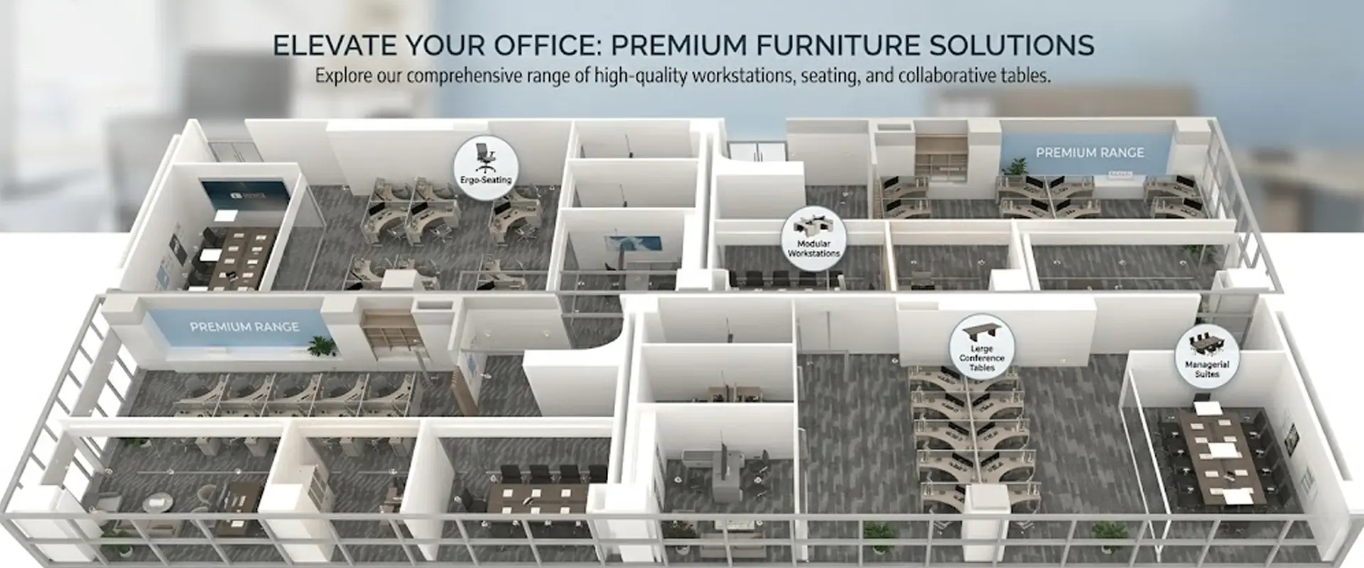 A 3D isometric floor plan of a modern corporate office featuring modular workstations, ergonomic chairs, executive boardrooms, and collaborative meeting spaces. The layout showcases a comprehensive high-end furniture collection in a clean, professional white and blue aesthetic.